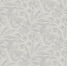 Load image into Gallery viewer, This modern botanical wallpaper brings subtle sophistication to your home. The grey linen-esque backdrop is overlaid with ...