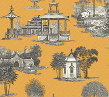 Load image into Gallery viewer, marigold navy gray turquoise indigo Greek key meander maze pagoda cranes bamboo toile de jouy