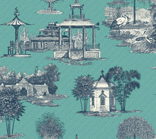 Load image into Gallery viewer, marigold navy gray turquoise indigo Greek key meander maze pagoda cranes bamboo toile de jouy