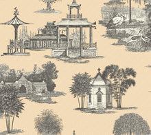 Load image into Gallery viewer, marigold navy gray turquoise indigo Greek key meander maze pagoda cranes bamboo toile de jouy