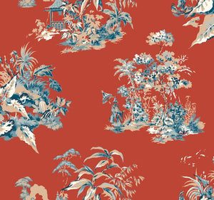 chinoiserie toile de jouy pagodas scenic Asian teal tropical