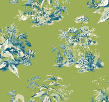 Load image into Gallery viewer, chinoiserie toile de jouy pagodas scenic Asian teal tropical