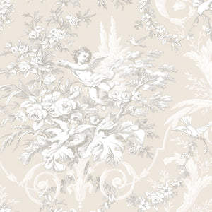 wallpaper, wallpapers, toile, floral, leaves, branches, cherub, scrolls, birds