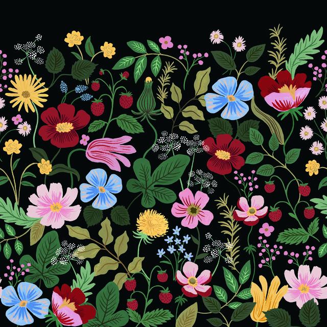 The Strawberry Fields mural features a large-scale print of sweet blooms and berries in a lush pattern of trailing vines a...