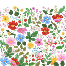 Load image into Gallery viewer, The Strawberry Fields mural features a large-scale print of sweet blooms and berries in a lush pattern of trailing vines a...