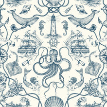 Load image into Gallery viewer, An amusing addition to bath or beach house, Deep Sea Toile Peel and Stick Wallpaper from RoomMates has it all - from seaho...