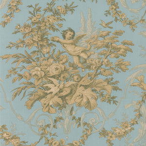 wallpaper, wallpapers, toile, floral, leaves, branches, cherub, scrolls, birds