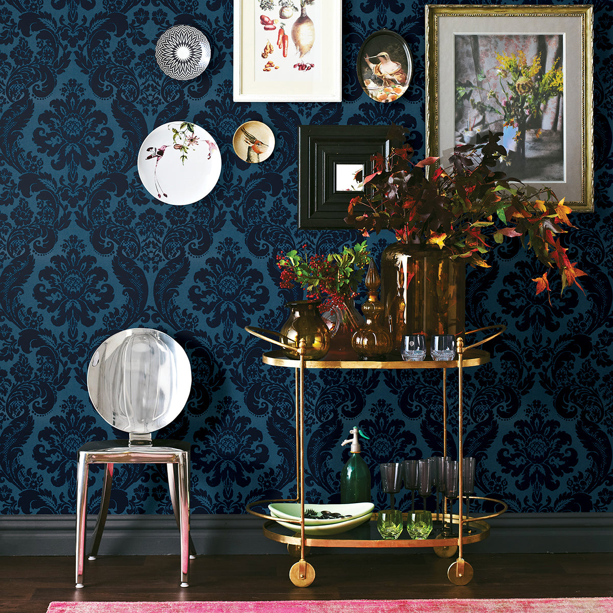 Shadow Blue Damask Wallpaper