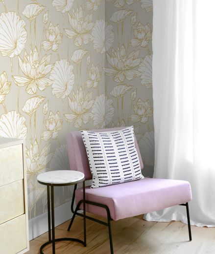 Lotus Floral - Metallic Gold & Gray