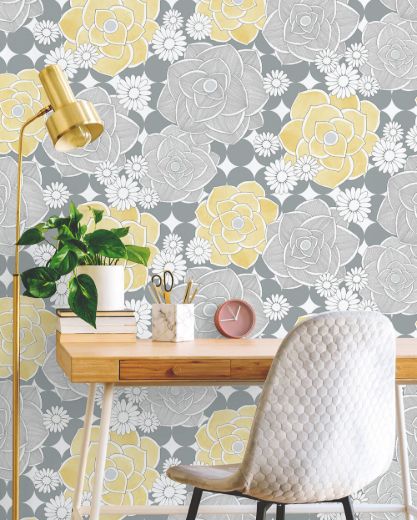 Retro Floral - Yellow & Gray