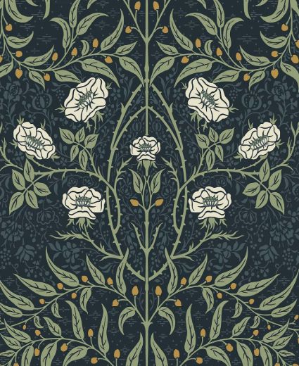 Stenciled Floral - Navy & Sage
