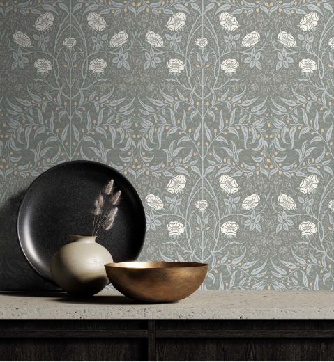 Stenciled Floral - Alloy Grey
