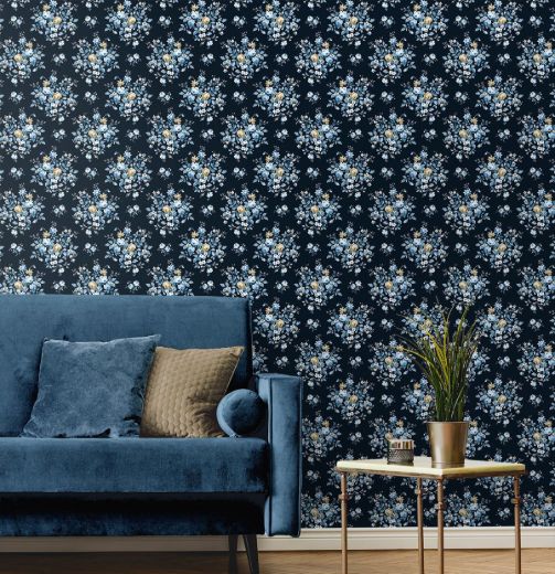 Floral Bunches - Midnight Blue & Toffee