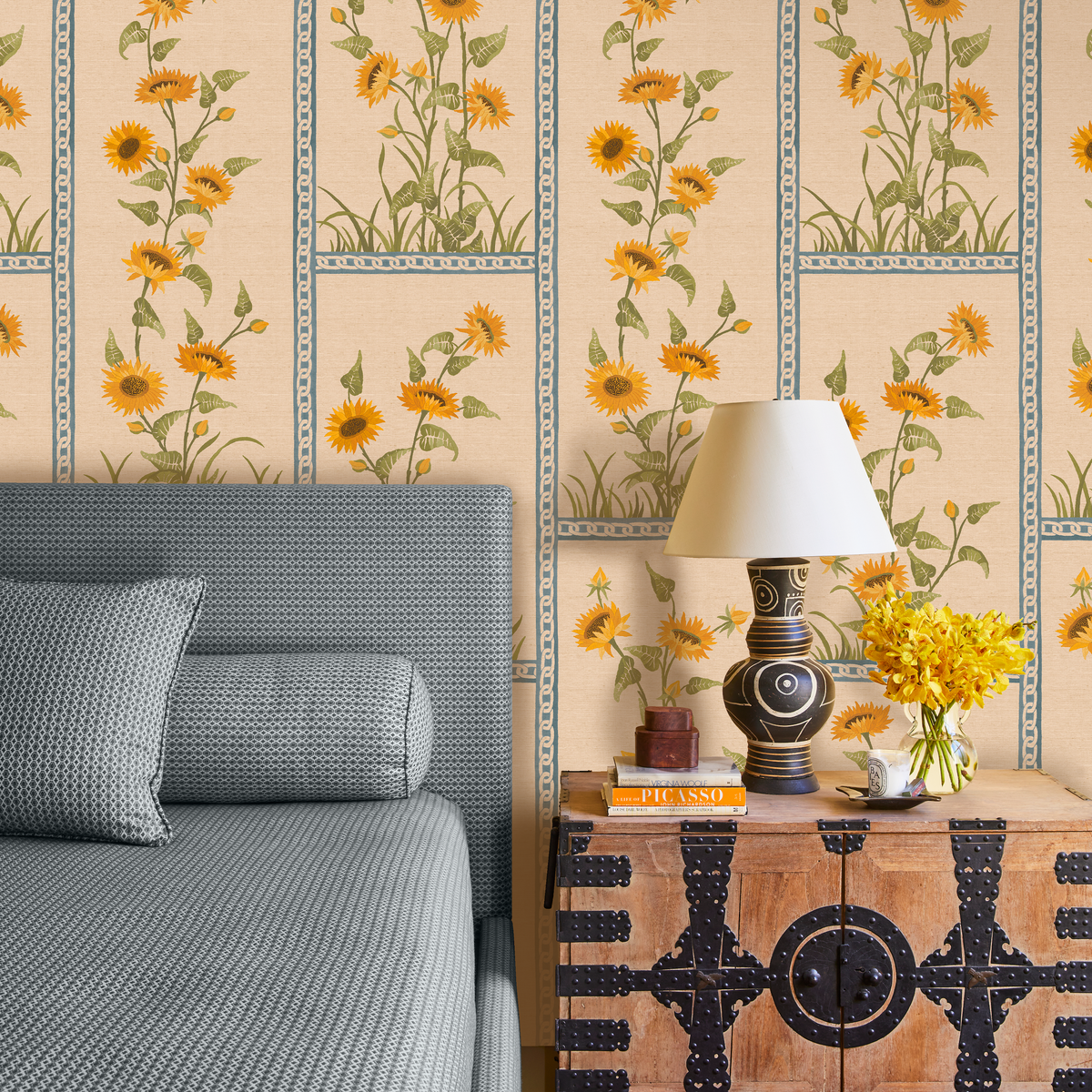 Sunflower Vignette Grasscloth Wallpaper by Peter Dunham - Blue
