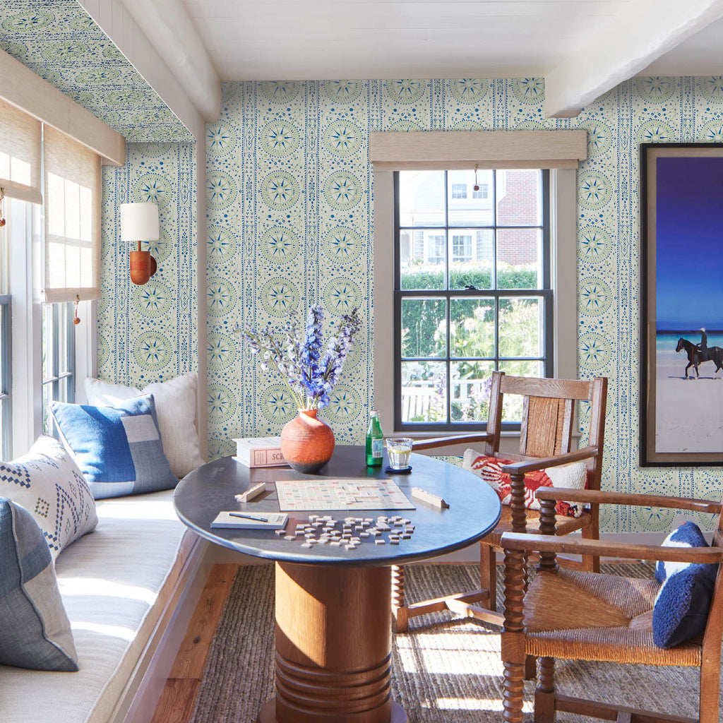 Leila Wallpaper by Peter Dunham - Blue/Green on White