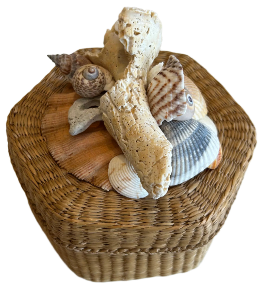 artisan hexagon basket with sea shells