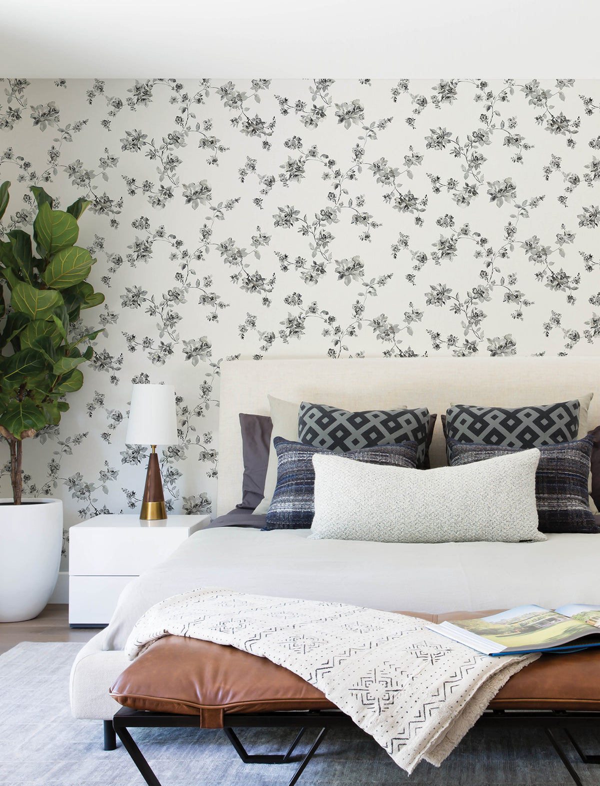 Festival Floral Wallpaper - Charcoal room setting