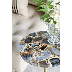 Black Agate Brass Side Table With Cylindrical Marble Base