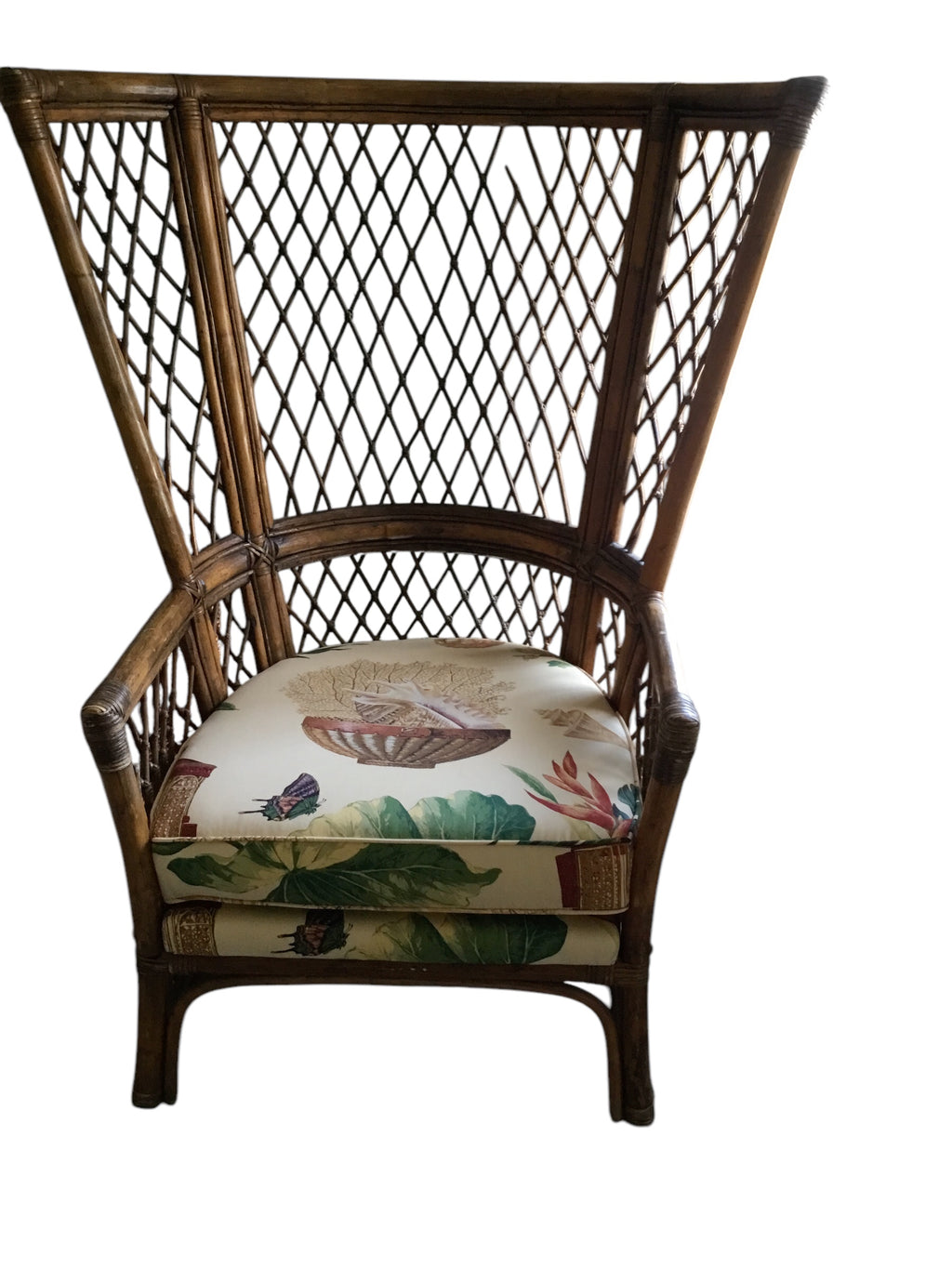 pair of vintage wingback rattan arm chairs