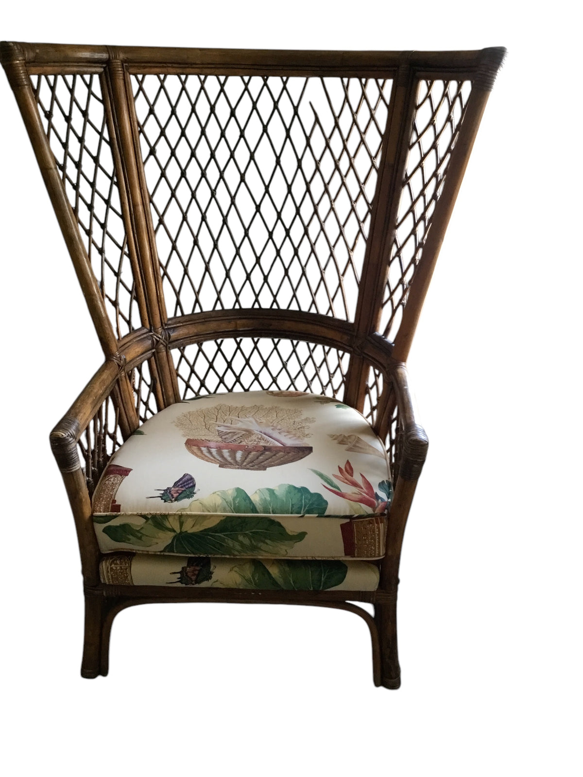 pair of vintage wingback rattan arm chairs