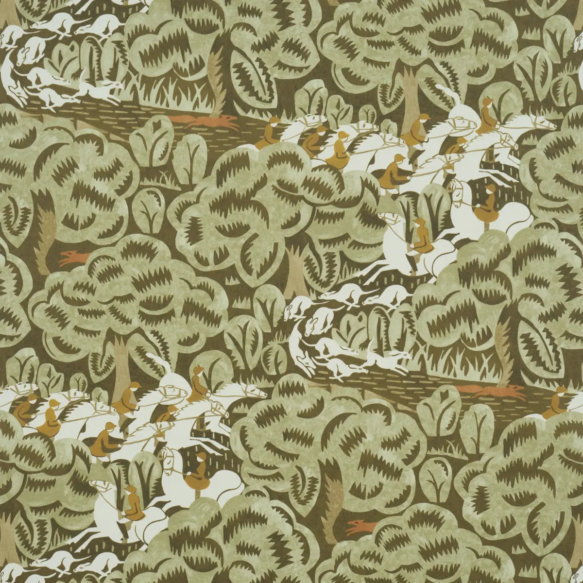 Margaret Schloeman's Fox Chase Wallpaper - Sage & Soft Brown