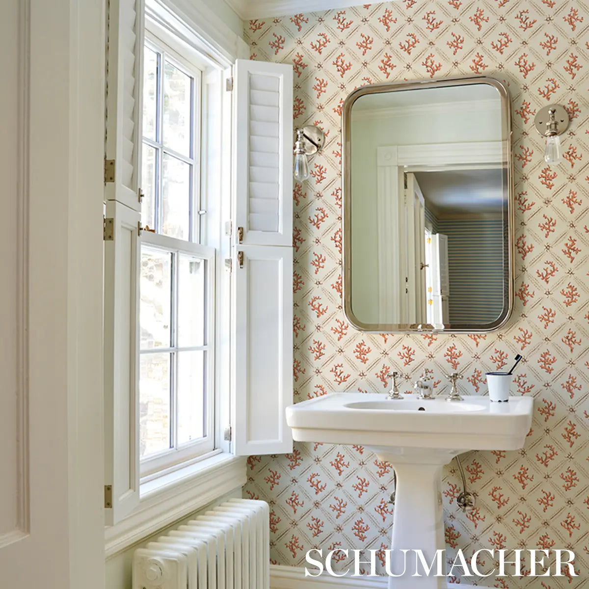 Corail Leaf Trellis Wallpaper in an interior setting
