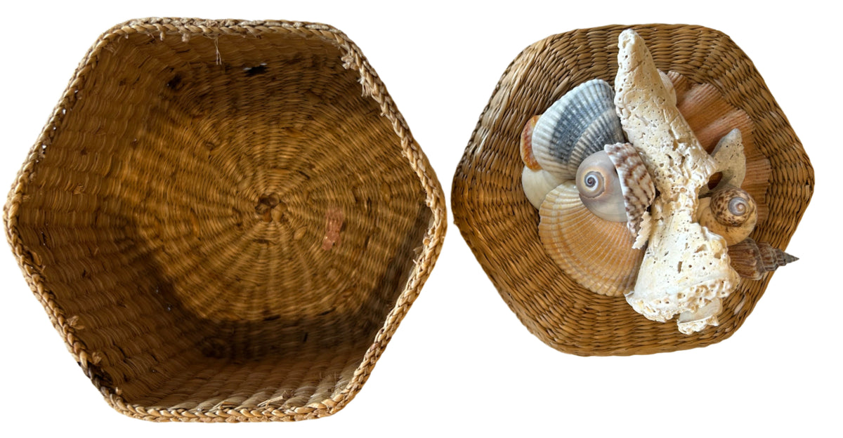 artisan hexagon basket with sea shells