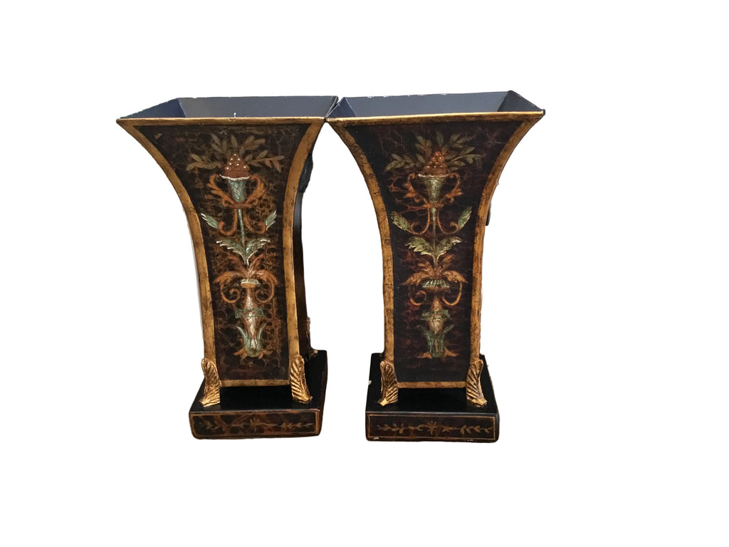 pair of tole-ware hand painted gilt and black planters