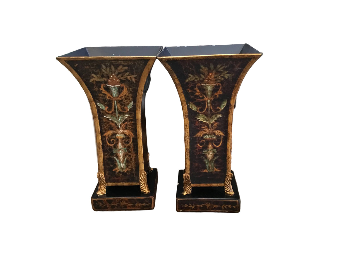 pair of tole-ware hand painted gilt and black planters