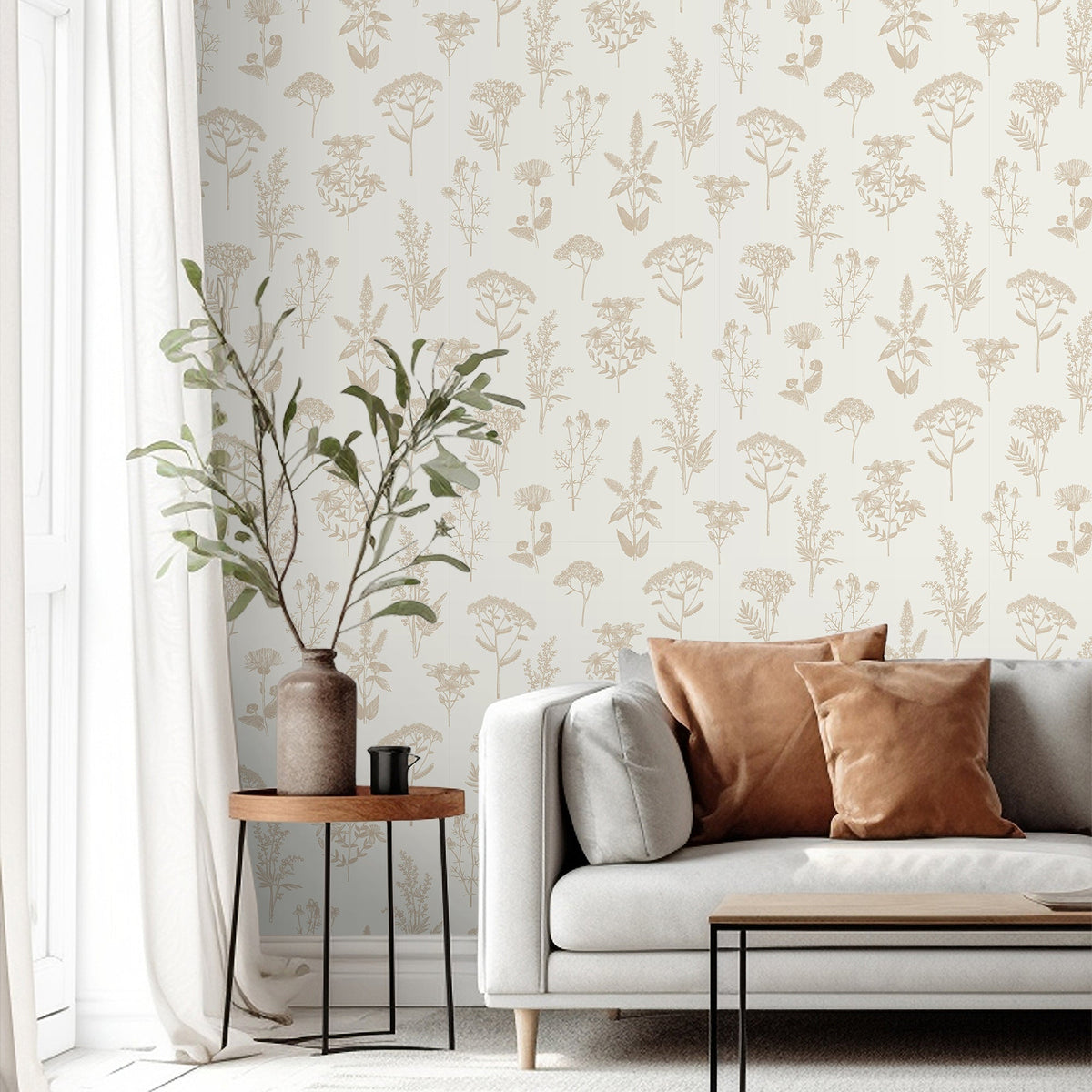 Luminous Botanical Sketch Metallic Wallpaper - Gold room view