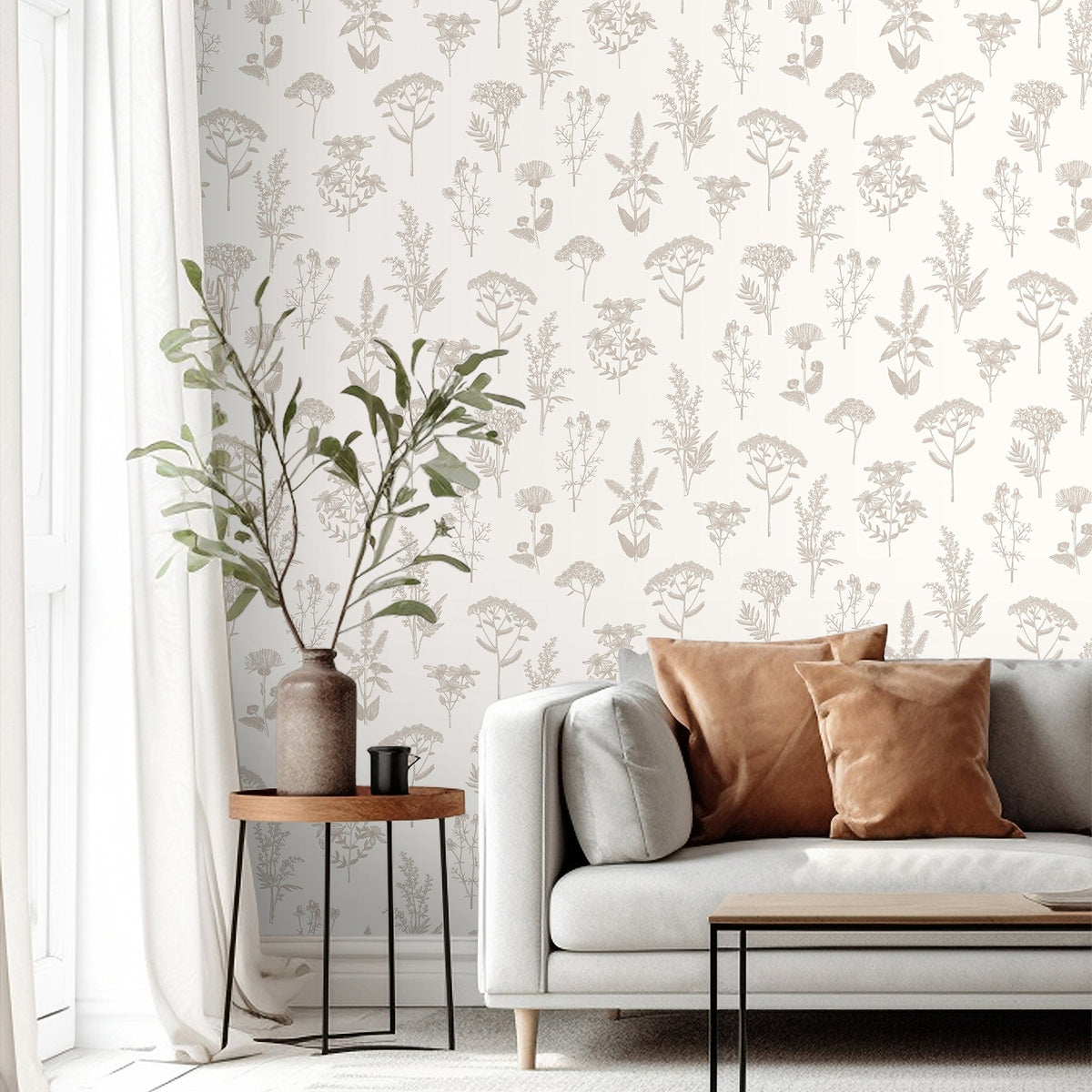 Luminous Botanical Sketch Metallic Wallpaper - Silver room view