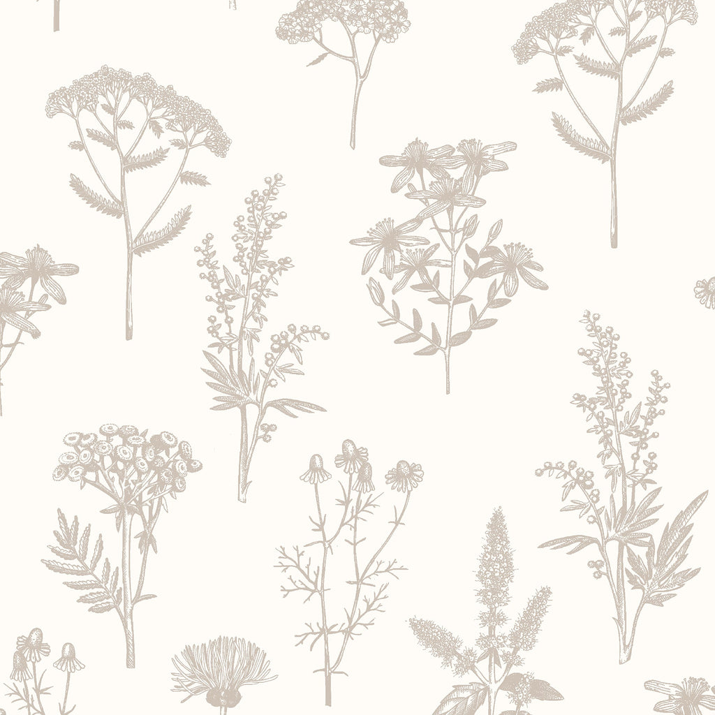 Luminous Botanical Sketch Metallic Wallpaper - Silver pattern