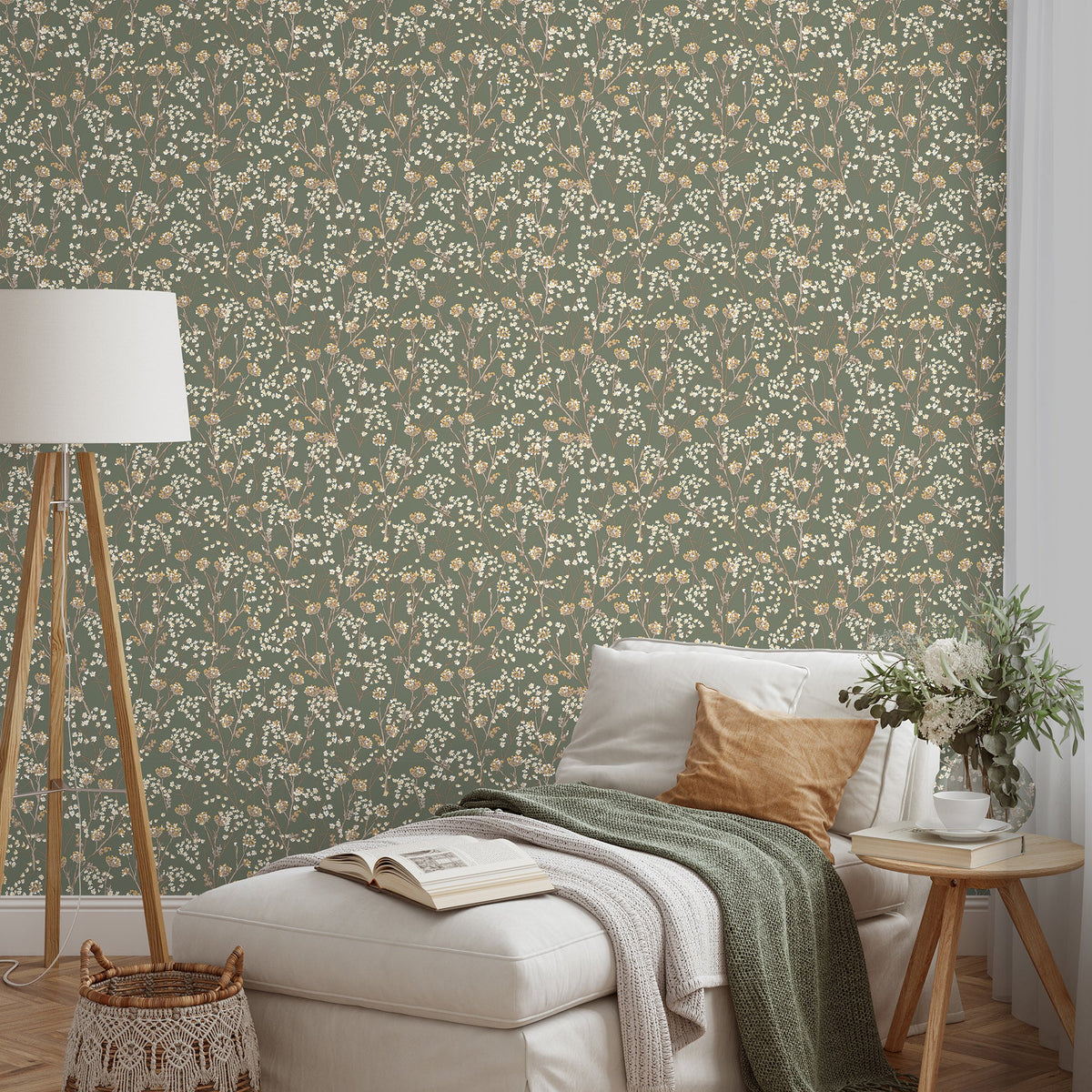 Blossom Branches Wallpaper - Sage room view
