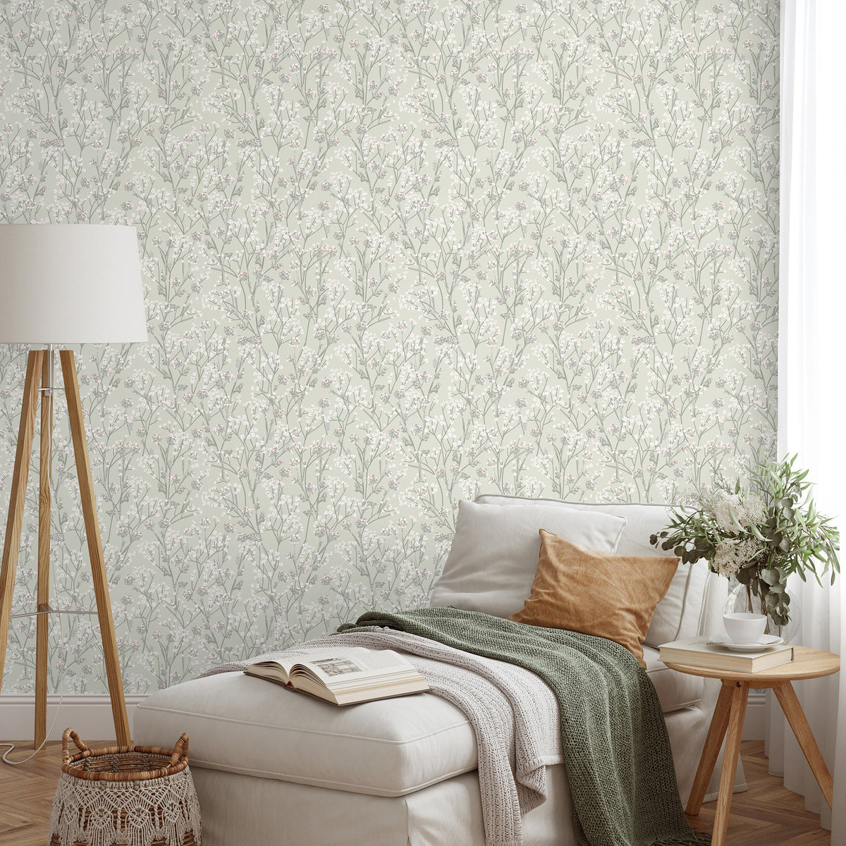 Blossom Branches Wallpaper - Green room view