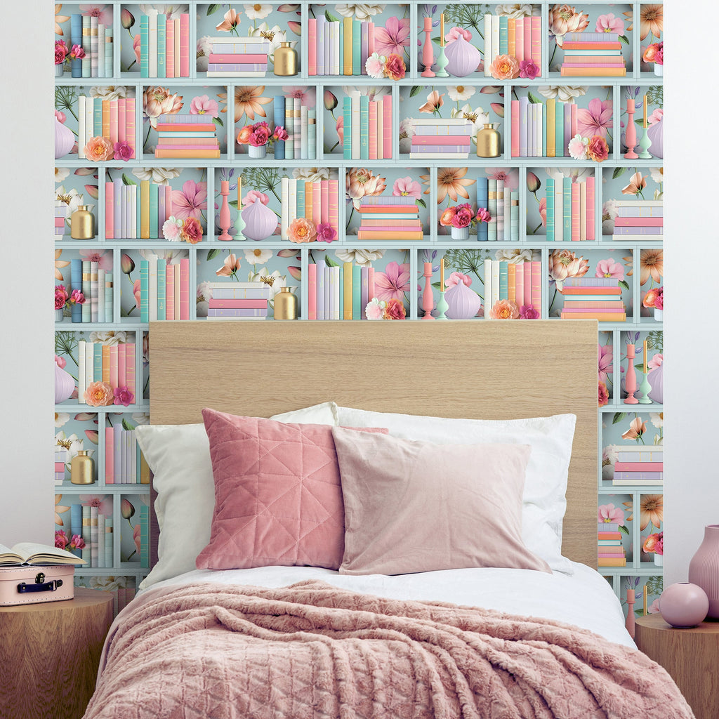 Blossom Shelves Wallpaper - Blue room view