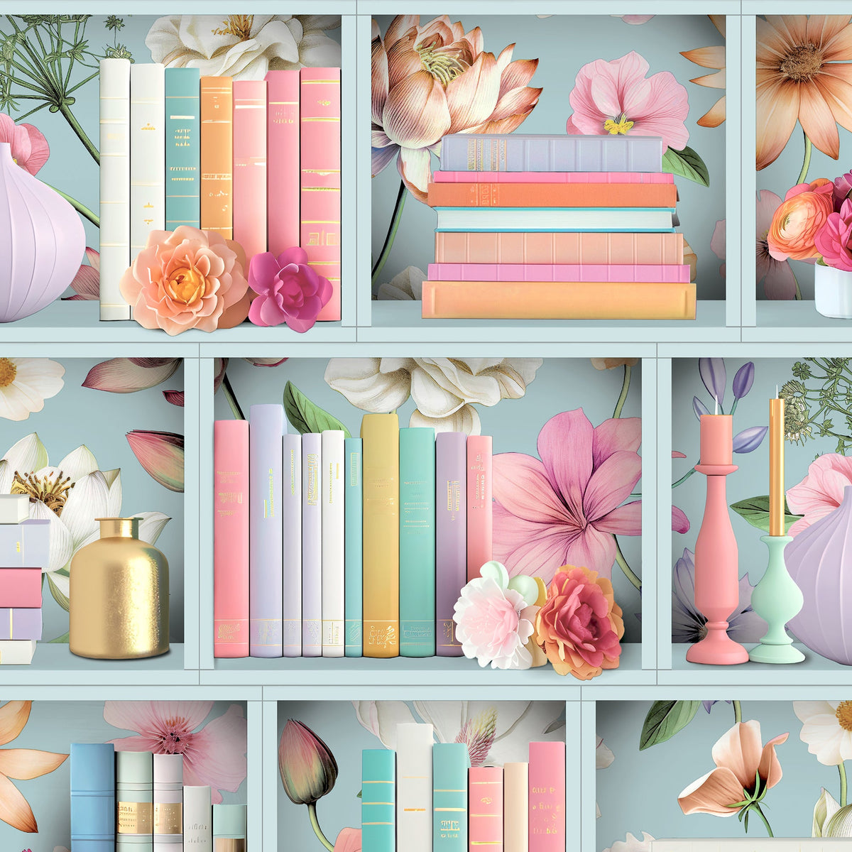 Blossom Shelves Wallpaper - Blue pattern