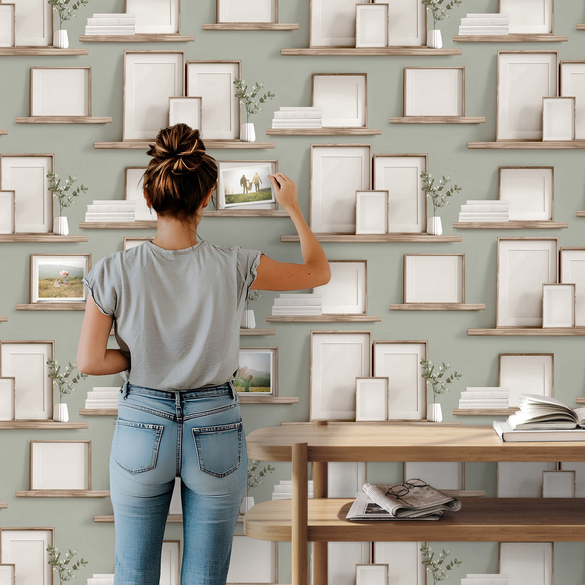Frame Shelves Wallpaper - Green room view