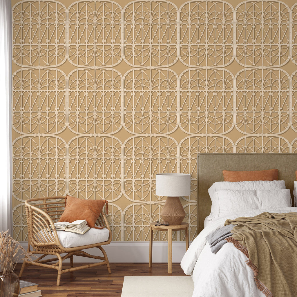 Lattice Rattan Panels Wallpaper - Mustard room view