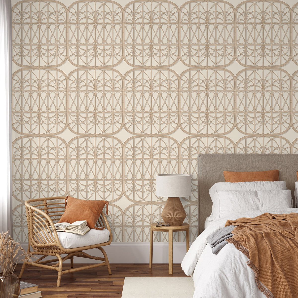 Lattice Rattan Panels Wallpaper - Beige room view
