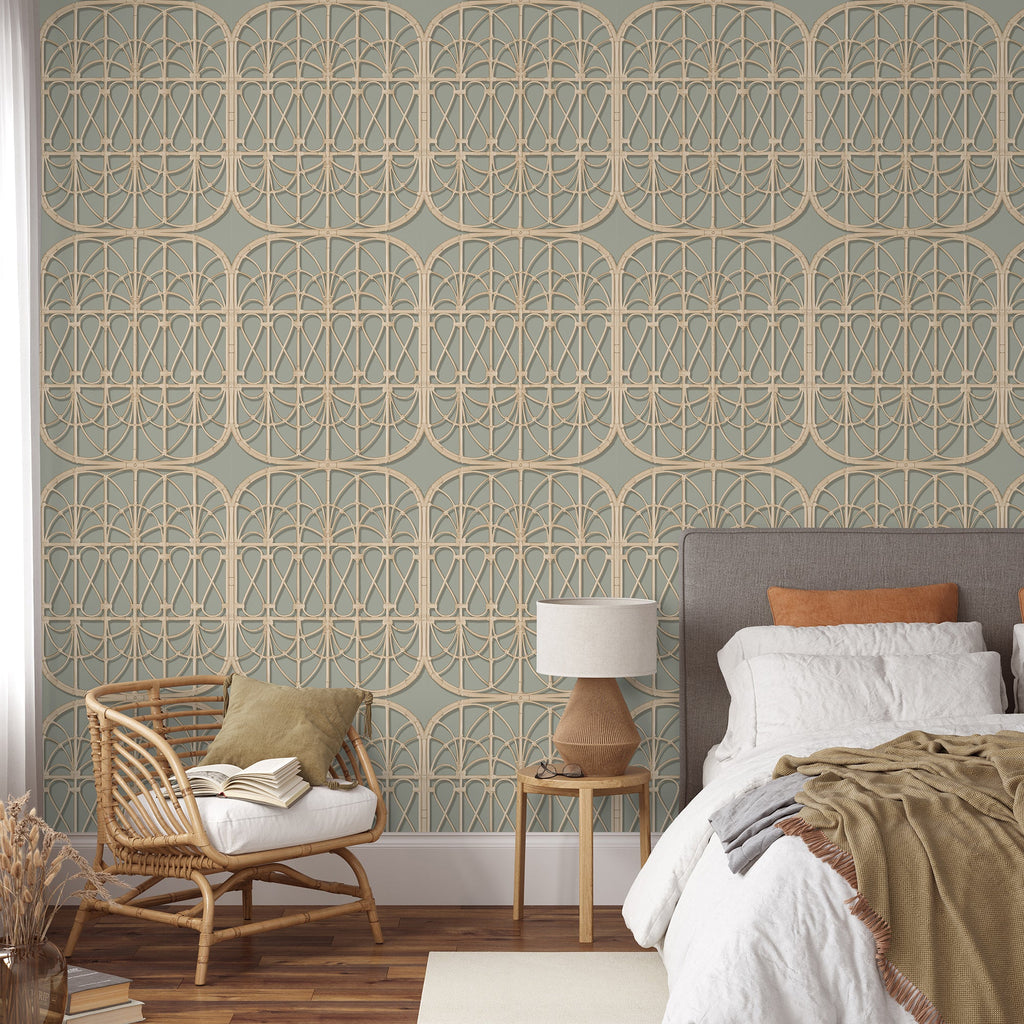 Lattice Rattan Panels Wallpaper - Gray room view