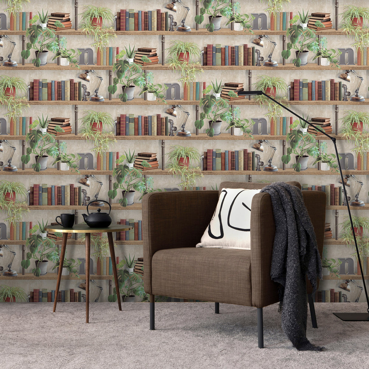 Industrial Book Nook Wallpaper - Brown room view