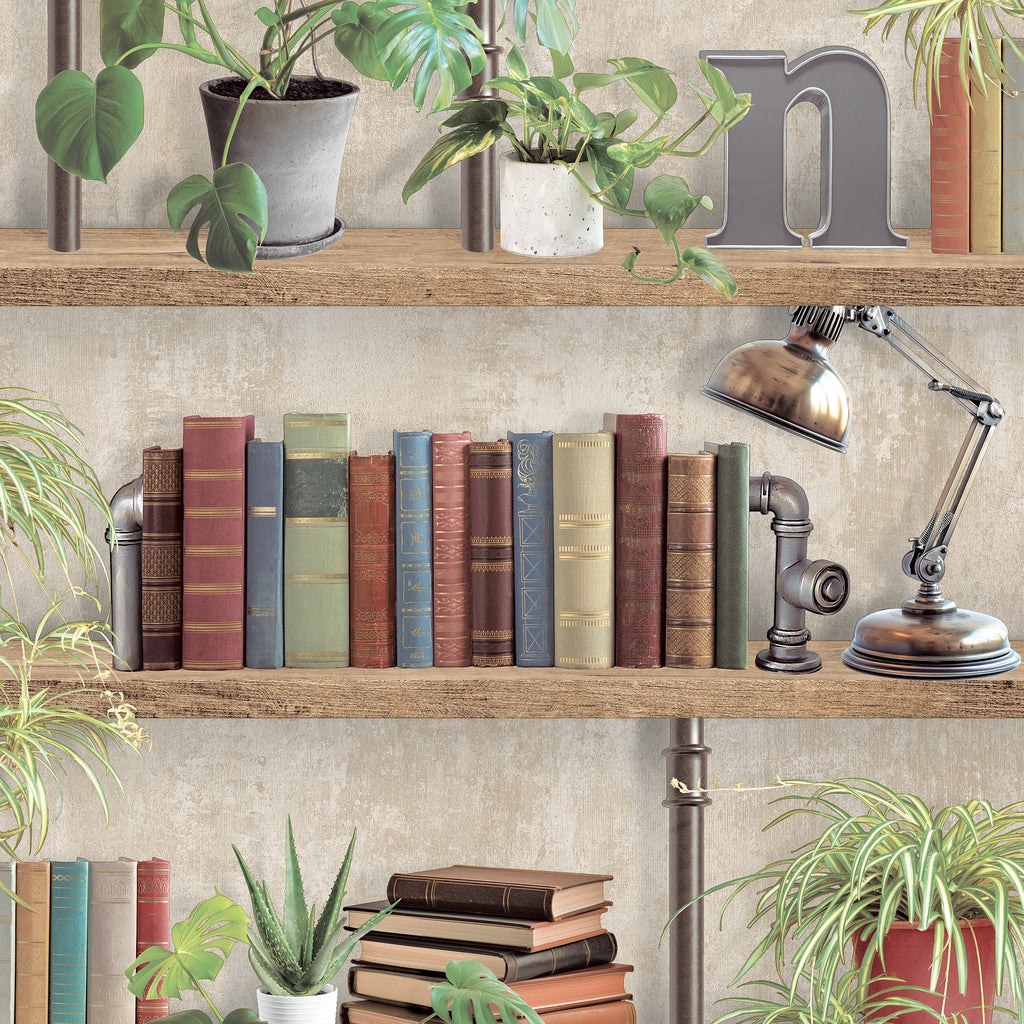 Industrial Book Nook Wallpaper - Brown pattern