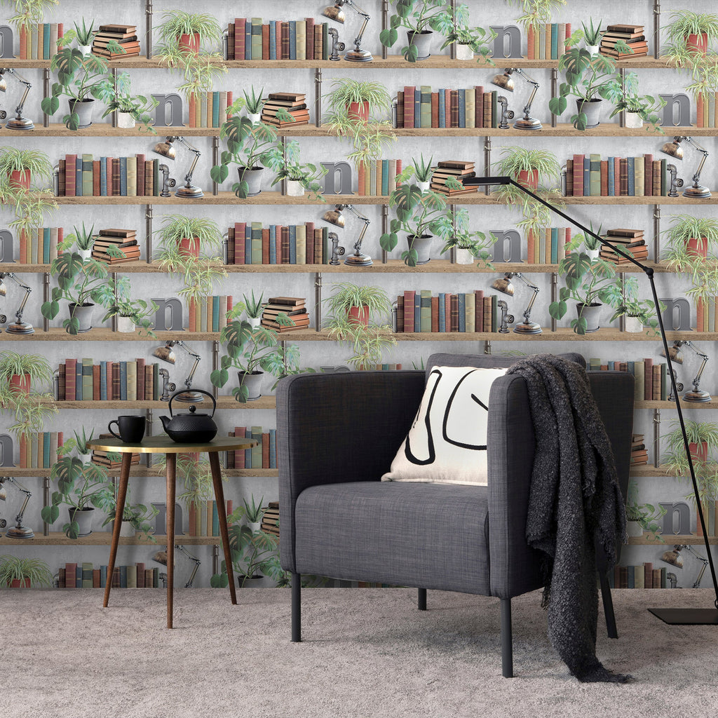 Industrial Book Nook Wallpaper - Gray room view