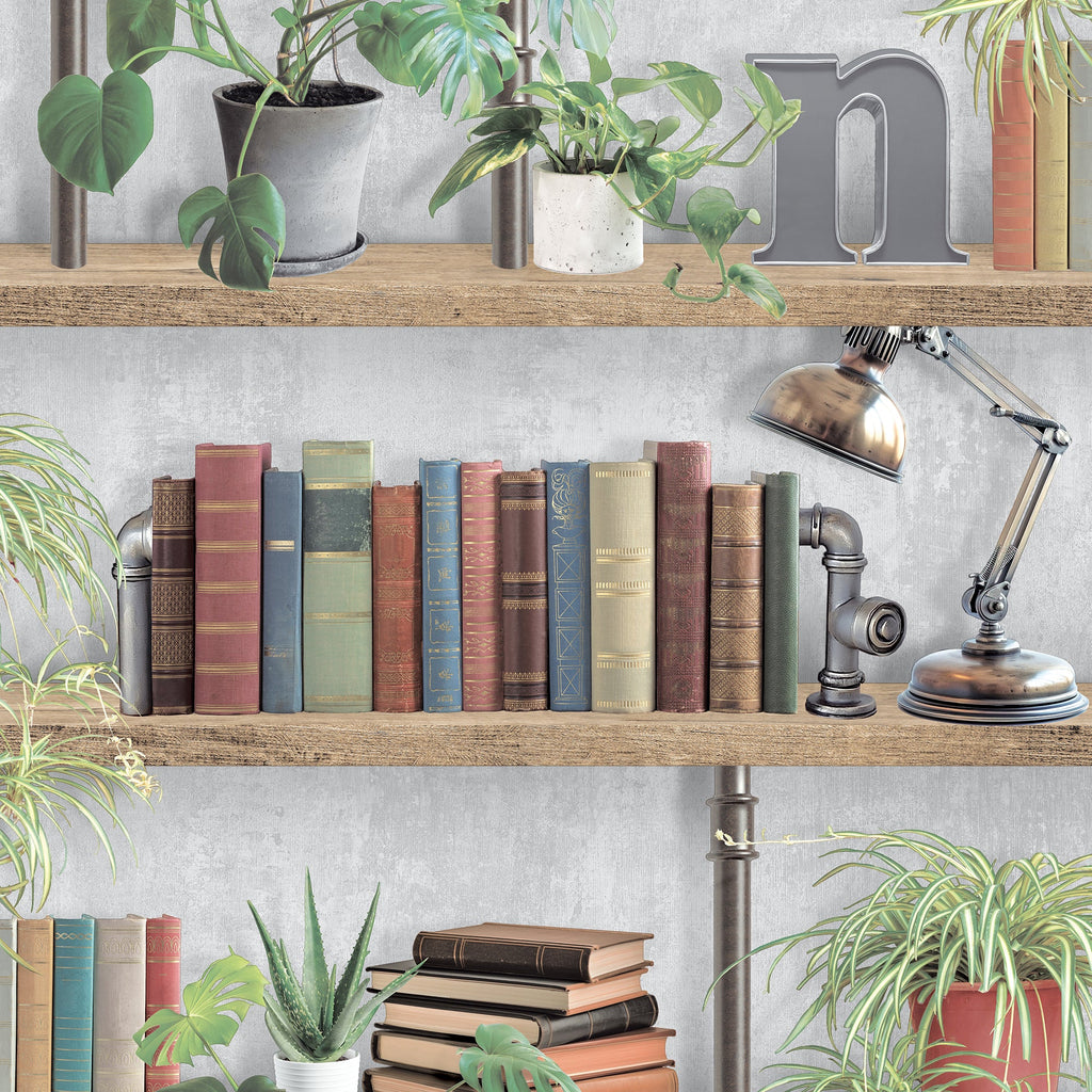 Industrial Book Nook Wallpaper - Gray pattern