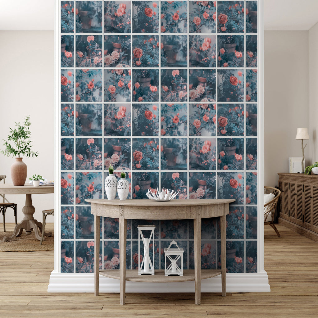 Rose Garden Window Trompe L'Oeil Wallpaper - Blue room view