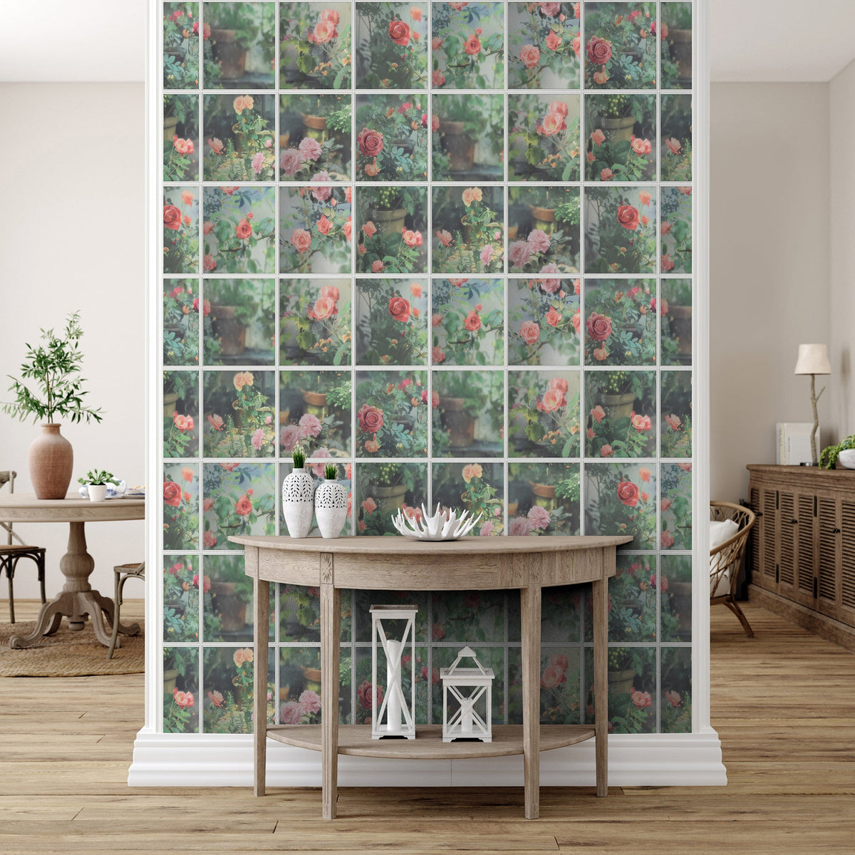 Rose Garden Window Trompe L'Oeil Wallpaper - Green room view