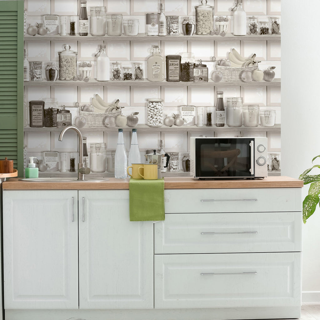 Kitchen Shelf Stories Wallpaper - Sepia room view