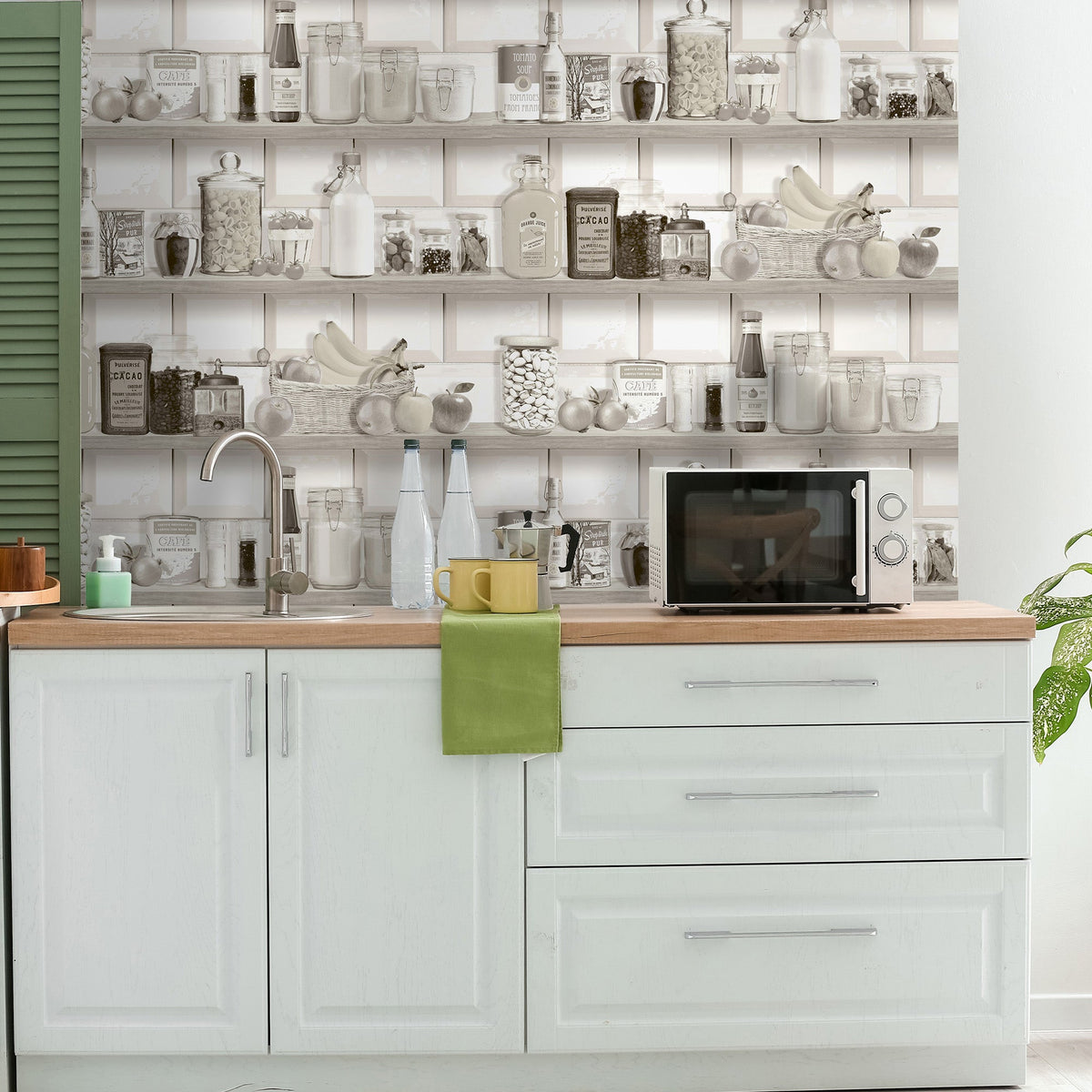 Kitchen Shelf Stories Wallpaper - Sepia room view