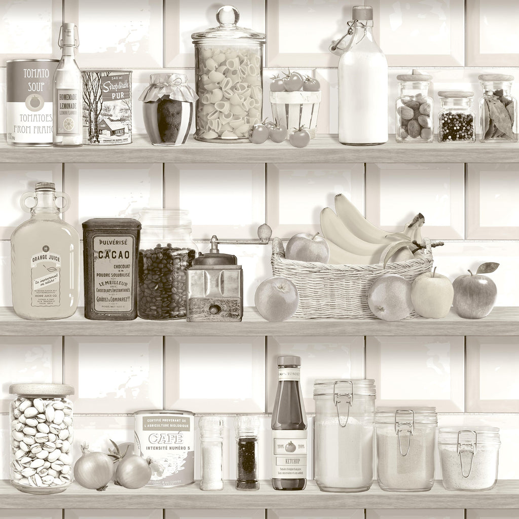 Kitchen Shelf Stories Wallpaper - Sepia pattern