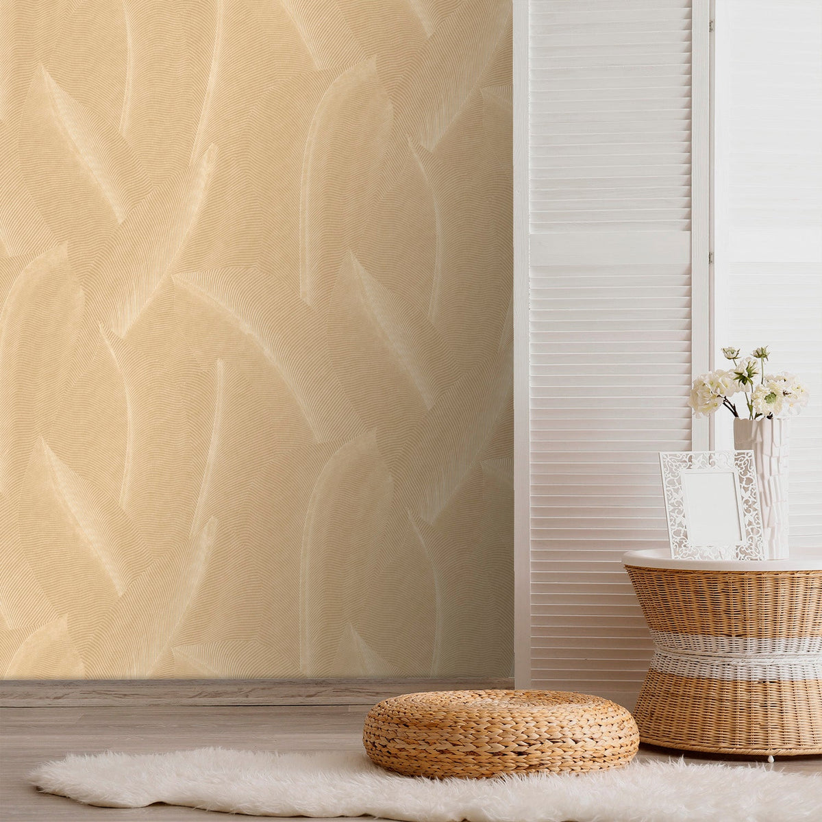 Allure Leaf Wallpaper - Beige room view